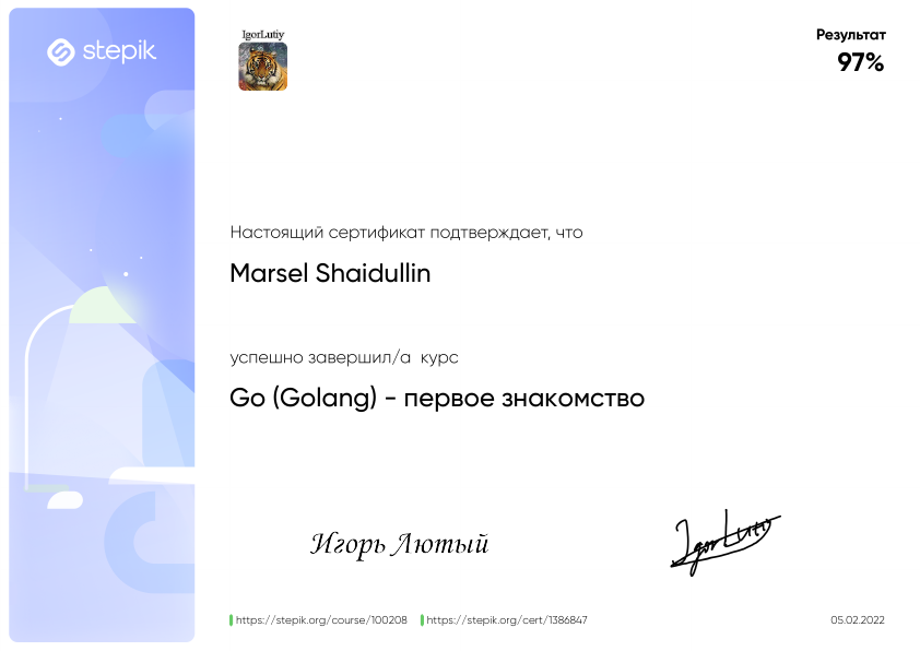 Сертификат Stepik — Go (Golang), первое знакомство