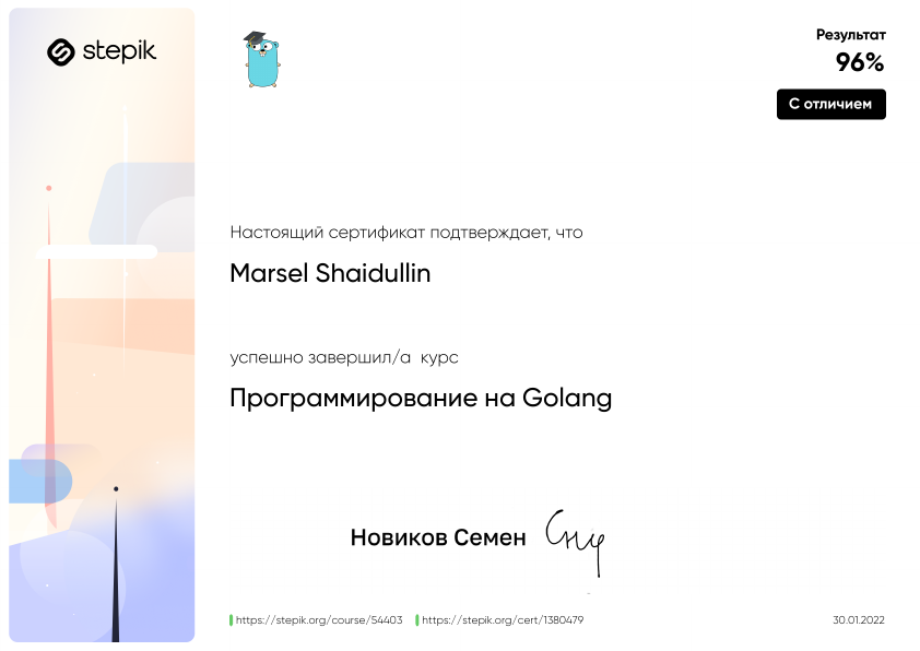 Сертификат Stepik — Программирование на Golang